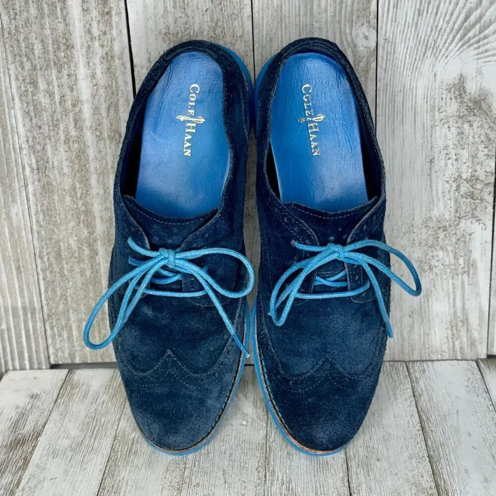 Cole Haan Lunargrand Blue Suede Wing Tip Oxfords Shoes Size 7 B